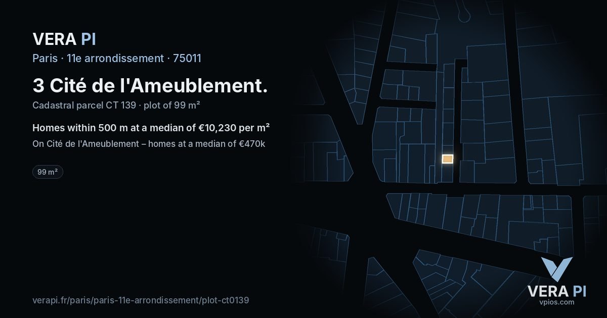 3 Cité de l'Ameublement, 11e arrondissement at night – the plot lit, the parcels around coloured by the prices near them