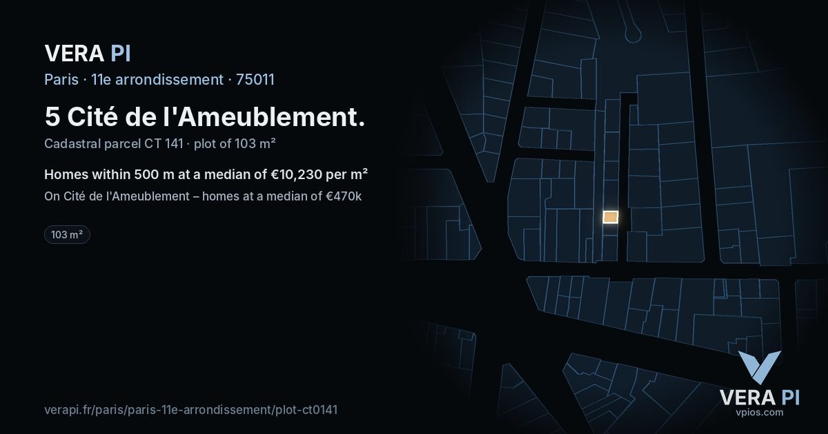 5 Cité de l'Ameublement, 11e arrondissement at night – the plot lit, the parcels around coloured by the prices near them
