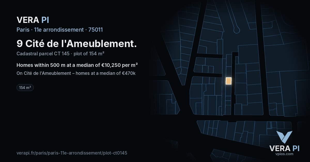 9 Cité de l'Ameublement, 11e arrondissement at night – the plot lit, the parcels around coloured by the prices near them