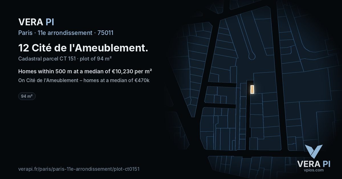 12 Cité de l'Ameublement, 11e arrondissement at night – the plot lit, the parcels around coloured by the prices near them