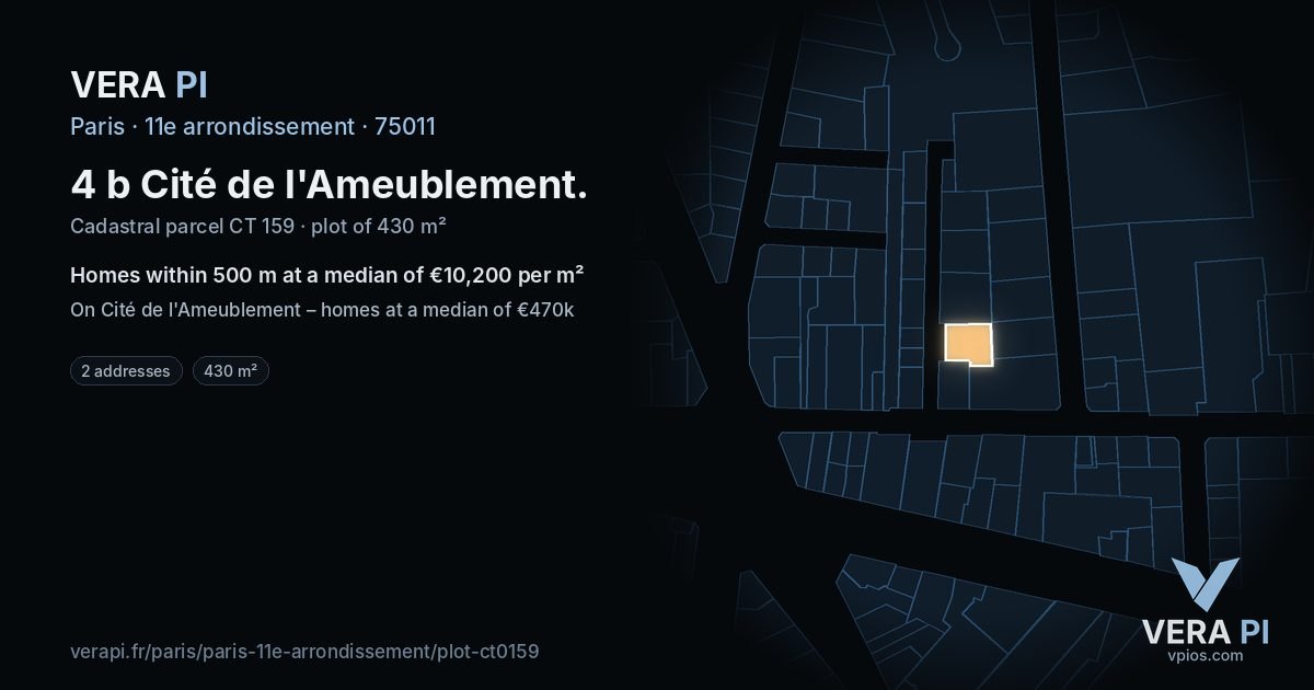 4 b Cité de l'Ameublement, 11e arrondissement at night – the plot lit, the parcels around coloured by the prices near them