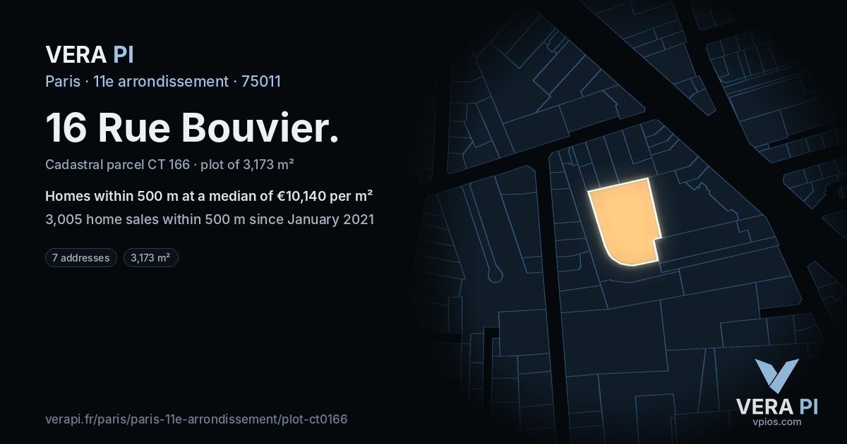 16 Rue Bouvier, 11e arrondissement at night – the plot lit, the parcels around coloured by the prices near them