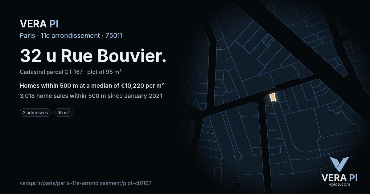 32 u Rue Bouvier, 11e arrondissement at night – the plot lit, the parcels around coloured by the prices near them