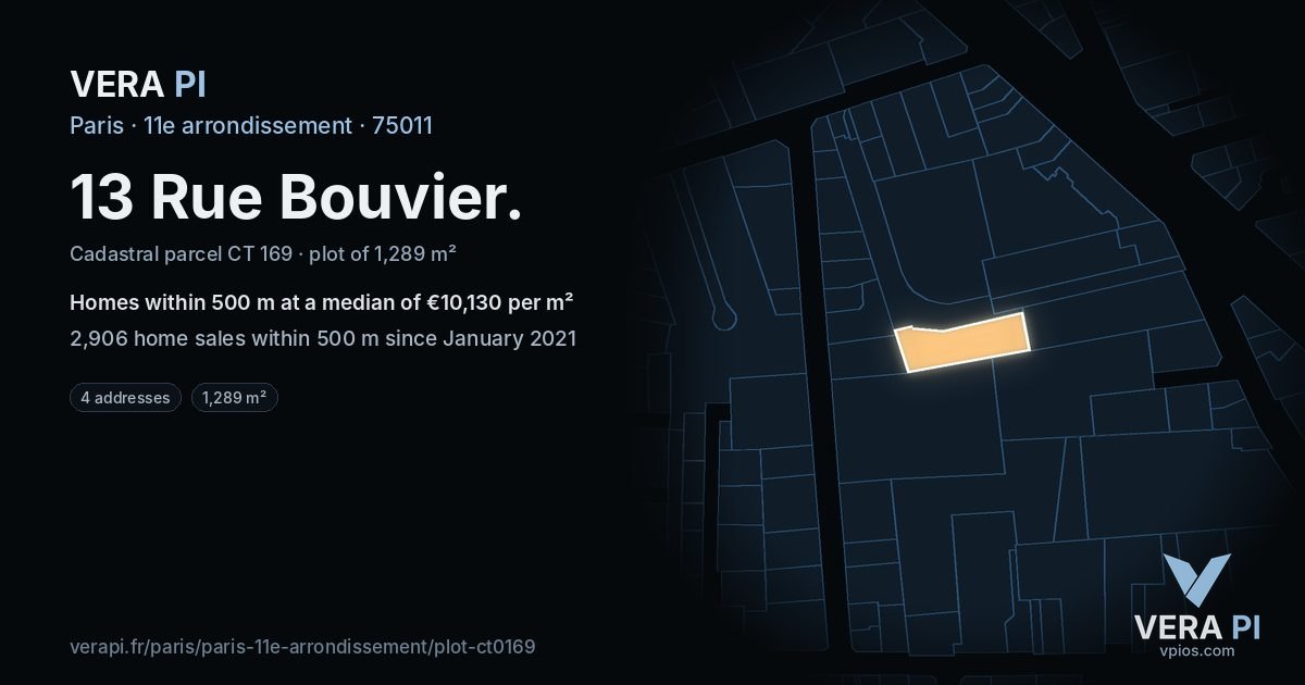 13 Rue Bouvier, 11e arrondissement at night – the plot lit, the parcels around coloured by the prices near them