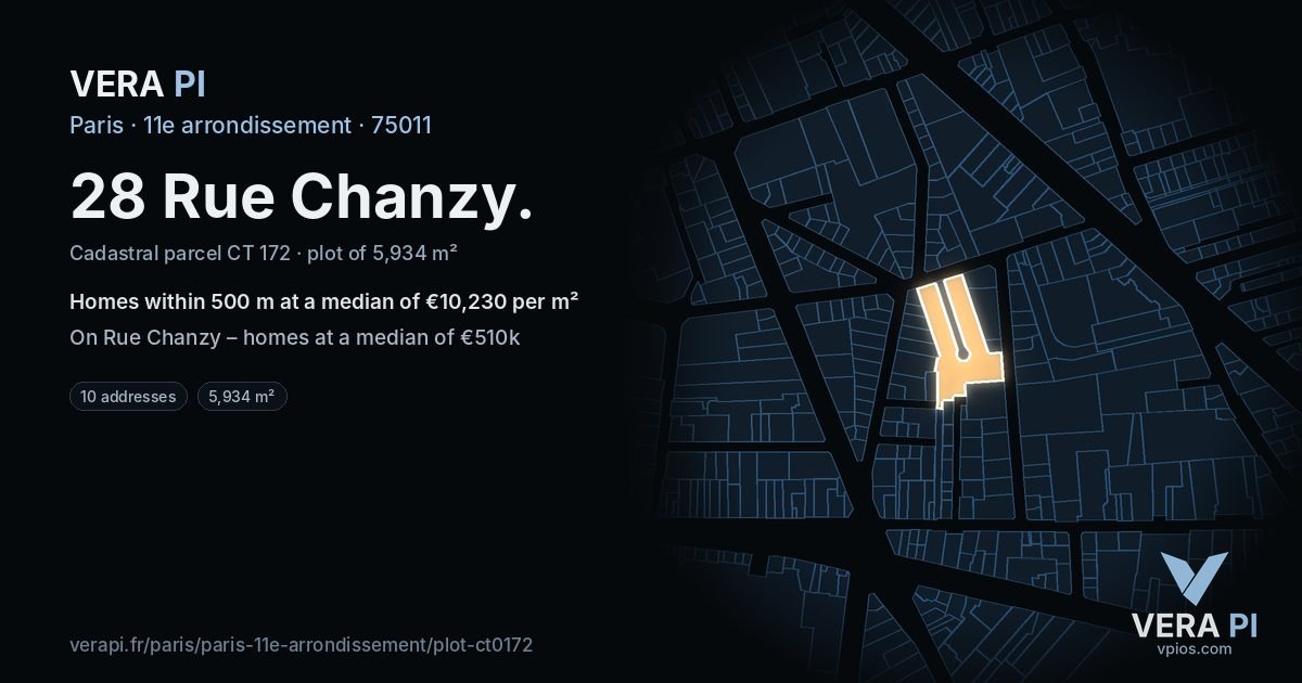 28 Rue Chanzy, 11e arrondissement at night – the plot lit, the parcels around coloured by the prices near them
