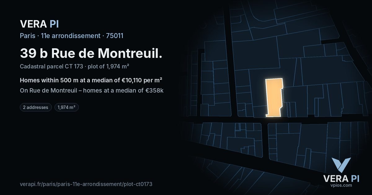 39 b Rue de Montreuil, 11e arrondissement at night – the plot lit, the parcels around coloured by the prices near them