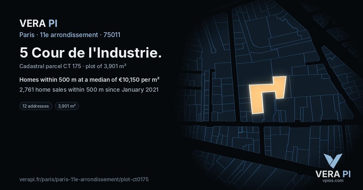 5 Cour de l'Industrie, 11e arrondissement at night – the plot lit, the parcels around coloured by the prices near them