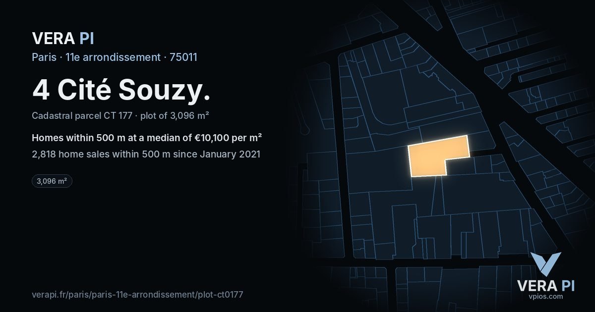 4 Cité Souzy, 11e arrondissement at night – the plot lit, the parcels around coloured by the prices near them