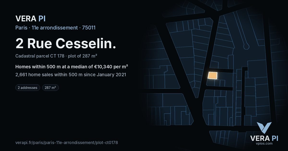 2 Rue Cesselin, 11e arrondissement at night – the plot lit, the parcels around coloured by the prices near them