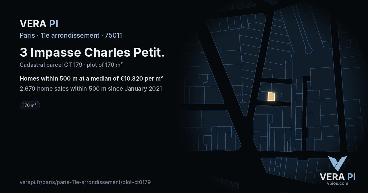 3 Impasse Charles Petit, 11e arrondissement at night – the plot lit, the parcels around coloured by the prices near them