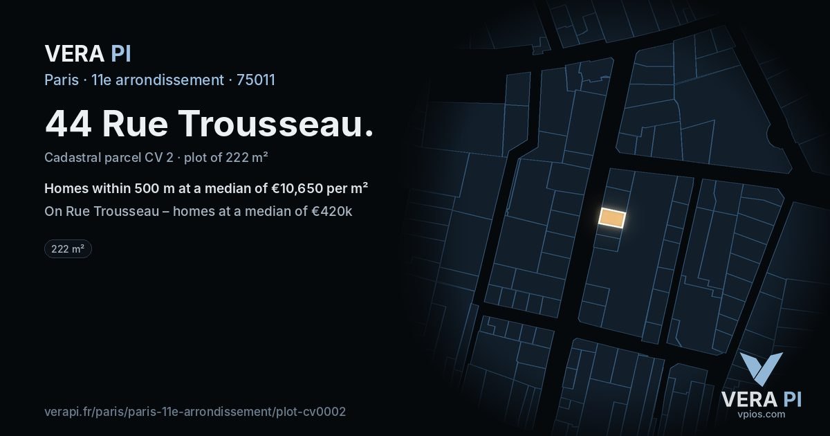 44 Rue Trousseau, 11e arrondissement at night – the plot lit, the parcels around coloured by the prices near them