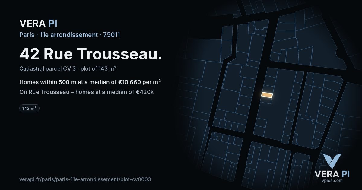 42 Rue Trousseau, 11e arrondissement at night – the plot lit, the parcels around coloured by the prices near them