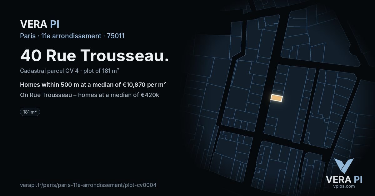 40 Rue Trousseau, 11e arrondissement at night – the plot lit, the parcels around coloured by the prices near them