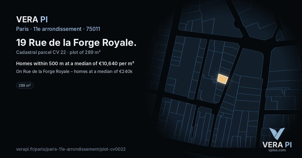 19 Rue de la Forge Royale, 11e arrondissement at night – the plot lit, the parcels around coloured by the prices near them