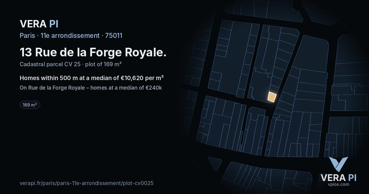 13 Rue de la Forge Royale, 11e arrondissement at night – the plot lit, the parcels around coloured by the prices near them
