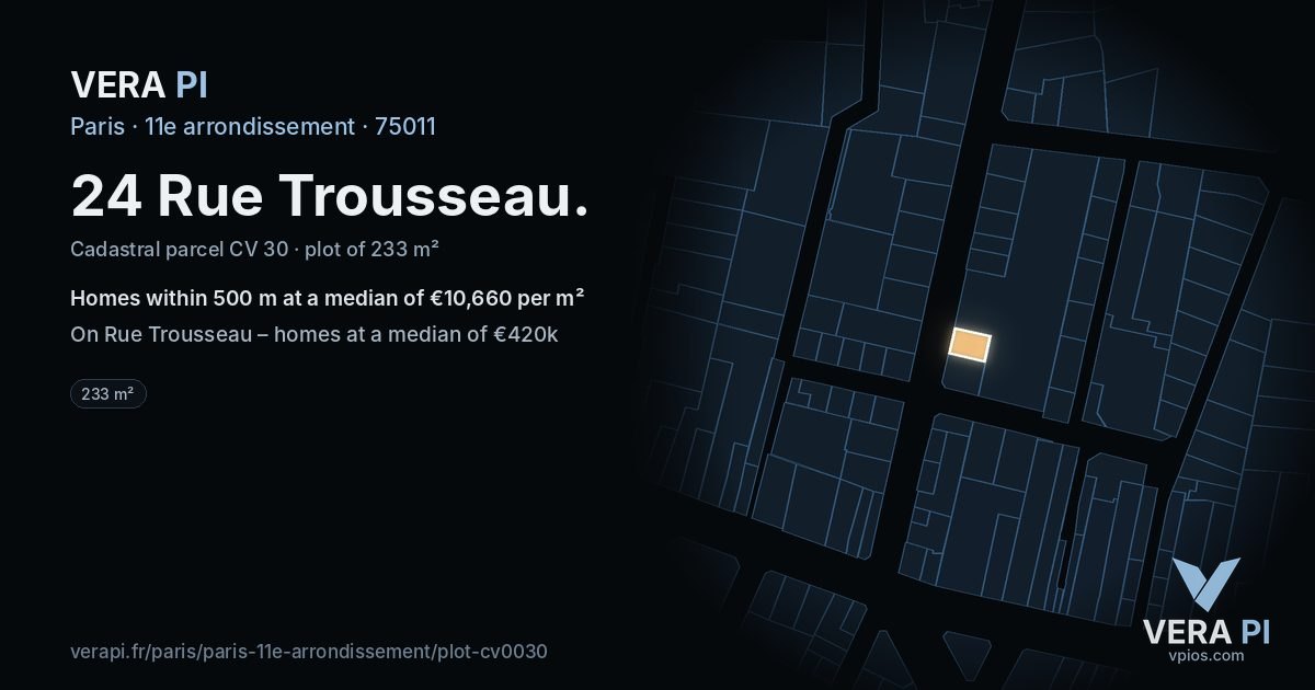 24 Rue Trousseau, 11e arrondissement at night – the plot lit, the parcels around coloured by the prices near them