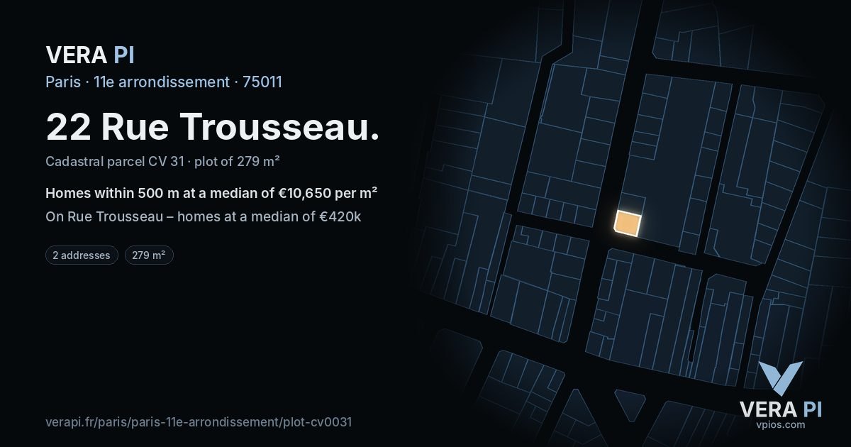 22 Rue Trousseau, 11e arrondissement at night – the plot lit, the parcels around coloured by the prices near them