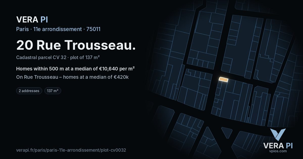20 Rue Trousseau, 11e arrondissement at night – the plot lit, the parcels around coloured by the prices near them