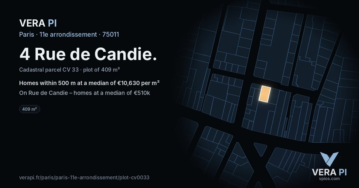 4 Rue de Candie, 11e arrondissement at night – the plot lit, the parcels around coloured by the prices near them