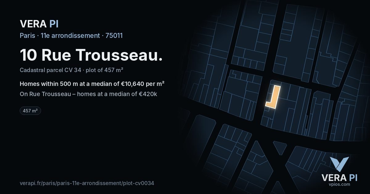 10 Rue Trousseau, 11e arrondissement at night – the plot lit, the parcels around coloured by the prices near them