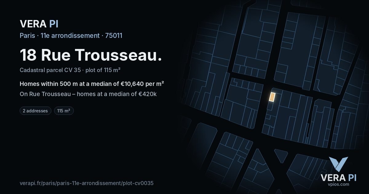 18 Rue Trousseau, 11e arrondissement at night – the plot lit, the parcels around coloured by the prices near them