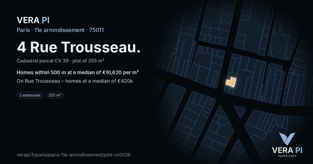 4 Rue Trousseau, 11e arrondissement at night – the plot lit, the parcels around coloured by the prices near them