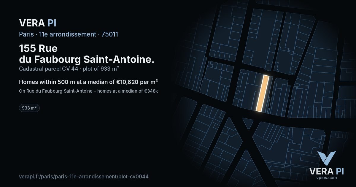 155 Rue du Faubourg Saint-Antoine, 11e arrondissement at night – the plot lit, the parcels around coloured by the prices near them