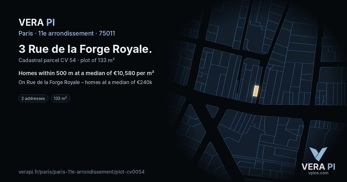 3 Rue de la Forge Royale, 11e arrondissement at night – the plot lit, the parcels around coloured by the prices near them