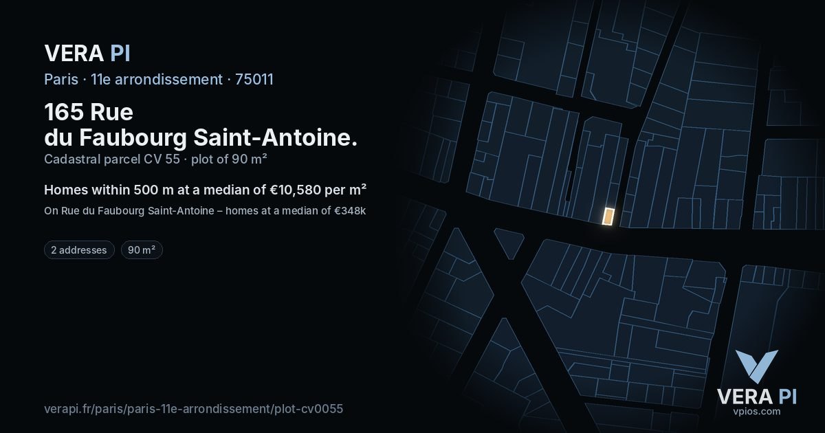 165 Rue du Faubourg Saint-Antoine, 11e arrondissement at night – the plot lit, the parcels around coloured by the prices near them
