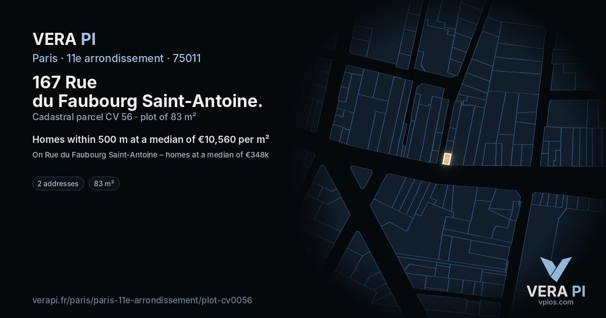 167 Rue du Faubourg Saint-Antoine, 11e arrondissement at night – the plot lit, the parcels around coloured by the prices near them