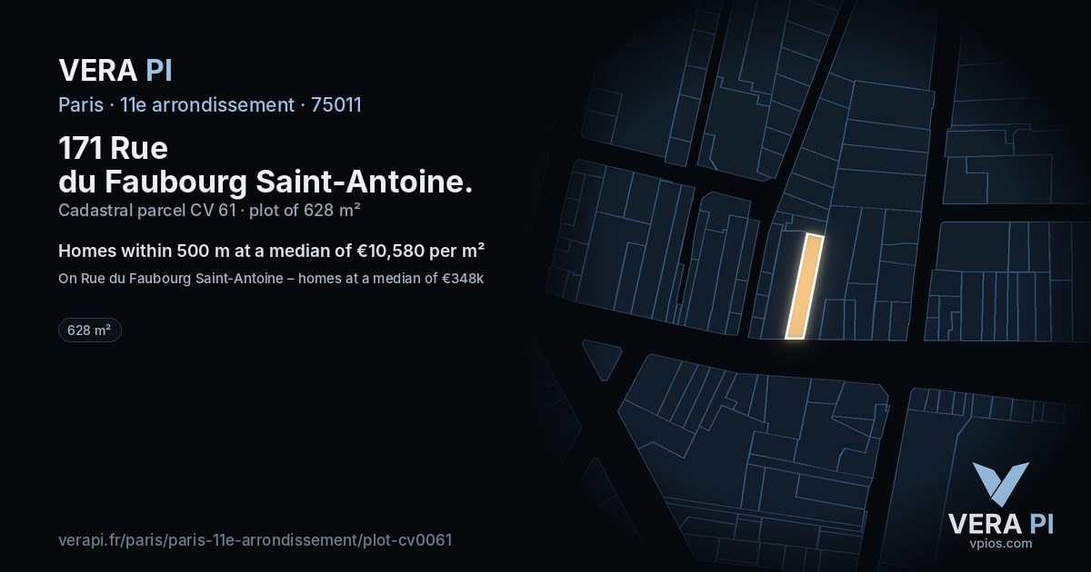171 Rue du Faubourg Saint-Antoine, 11e arrondissement at night – the plot lit, the parcels around coloured by the prices near them