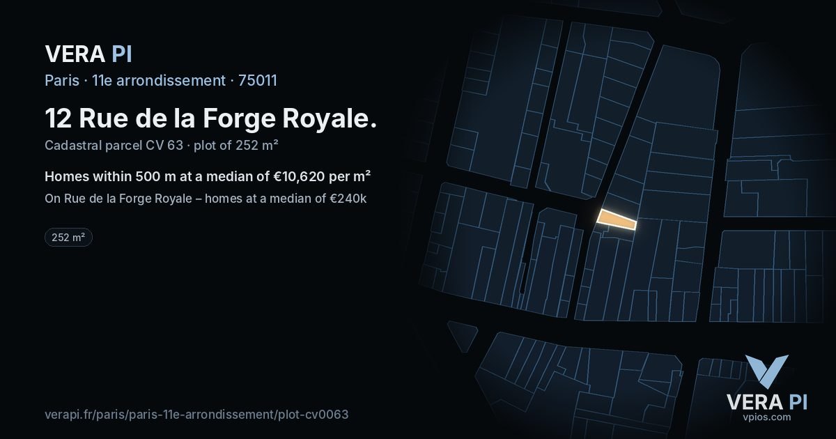 12 Rue de la Forge Royale, 11e arrondissement at night – the plot lit, the parcels around coloured by the prices near them