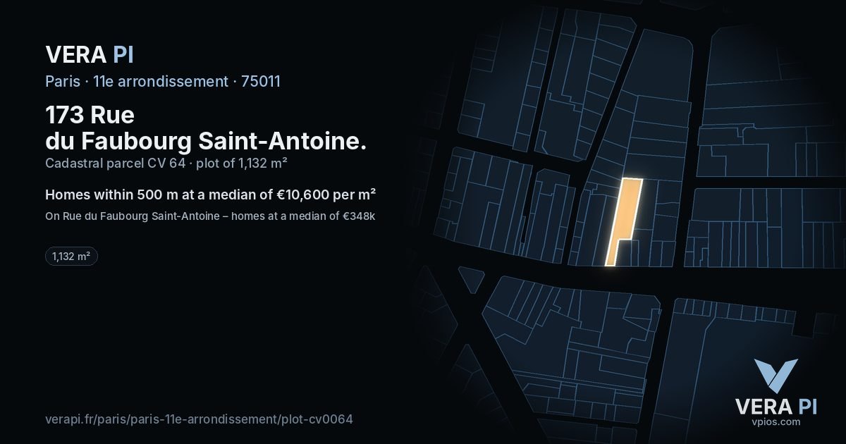 173 Rue du Faubourg Saint-Antoine, 11e arrondissement at night – the plot lit, the parcels around coloured by the prices near them
