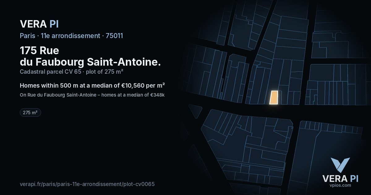 175 Rue du Faubourg Saint-Antoine, 11e arrondissement at night – the plot lit, the parcels around coloured by the prices near them