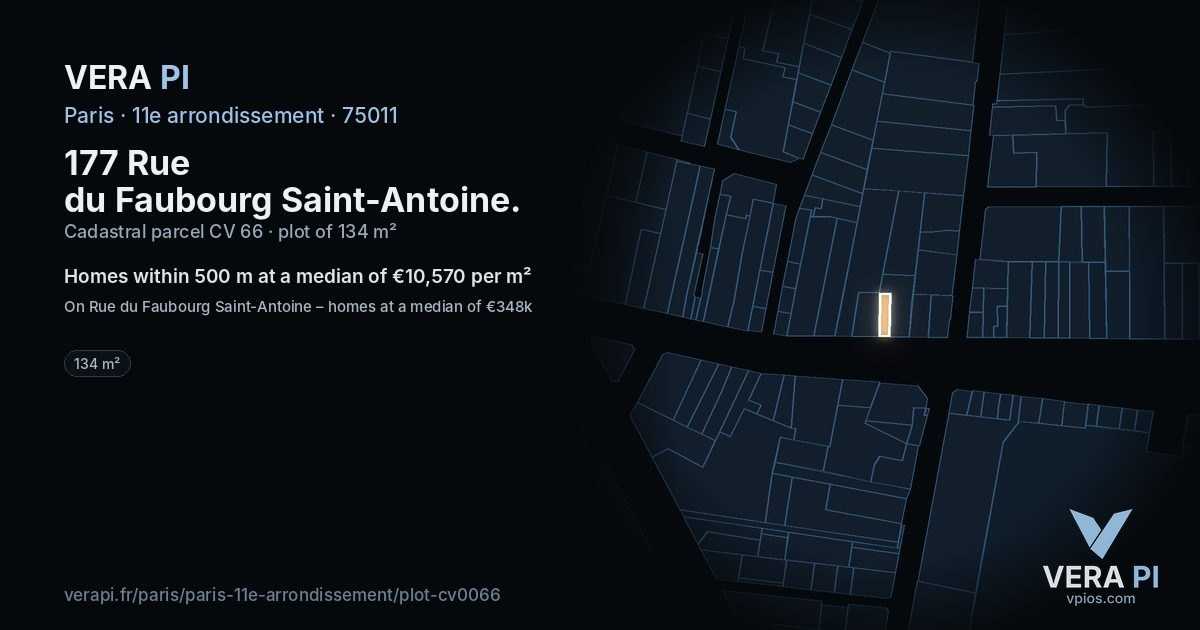 177 Rue du Faubourg Saint-Antoine, 11e arrondissement at night – the plot lit, the parcels around coloured by the prices near them
