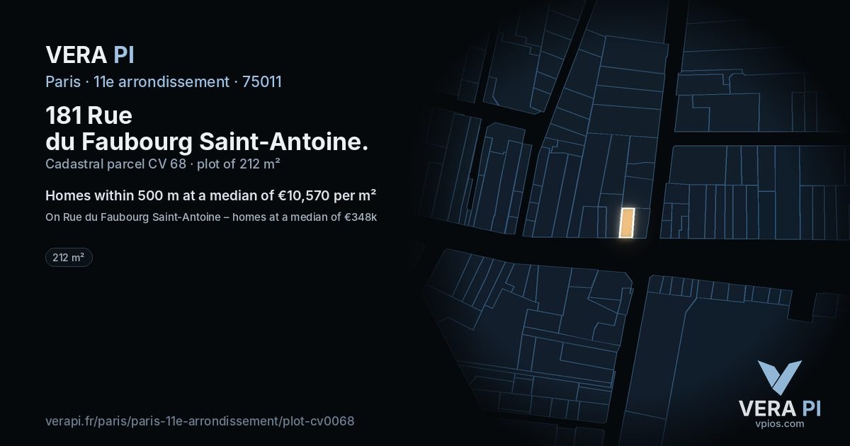 181 Rue du Faubourg Saint-Antoine, 11e arrondissement at night – the plot lit, the parcels around coloured by the prices near them