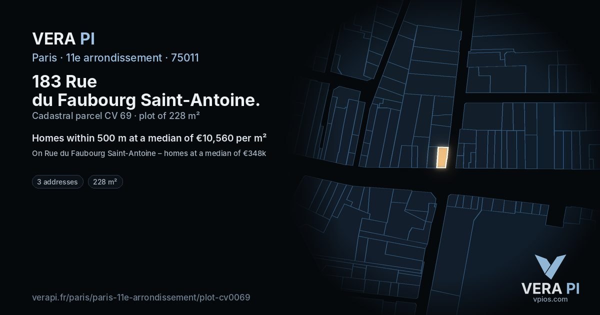 183 Rue du Faubourg Saint-Antoine, 11e arrondissement at night – the plot lit, the parcels around coloured by the prices near them