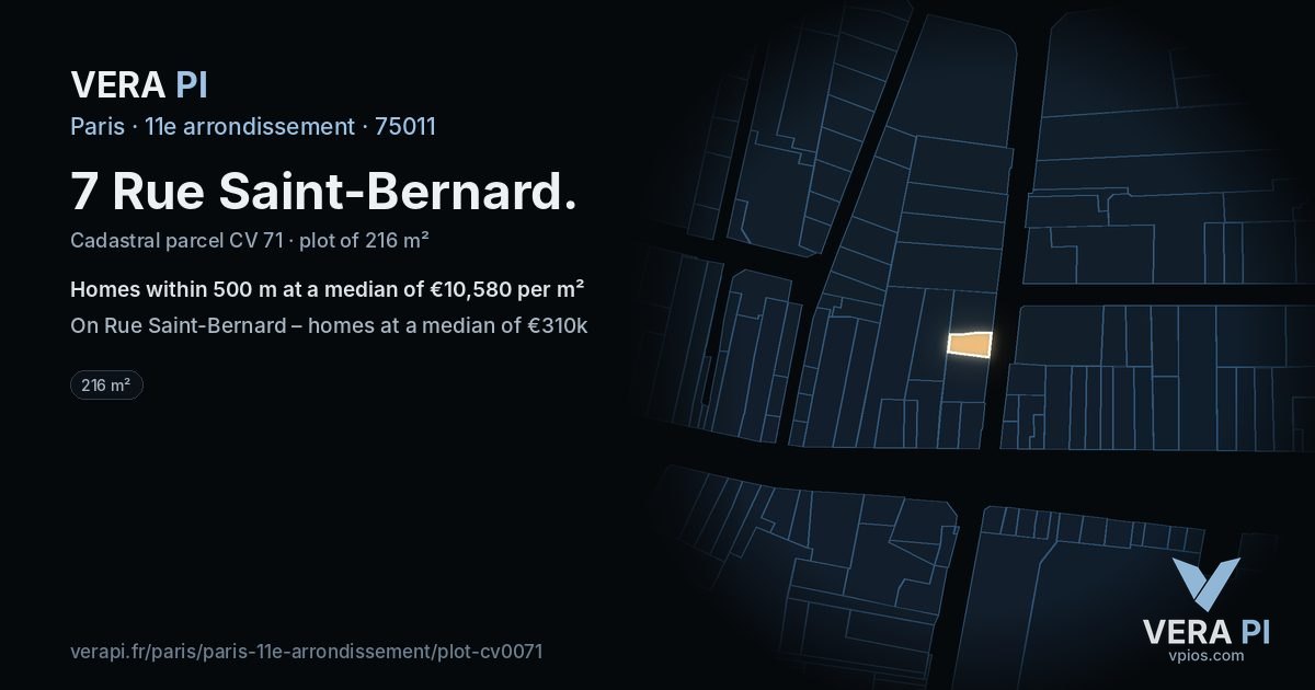 7 Rue Saint-Bernard, 11e arrondissement at night – the plot lit, the parcels around coloured by the prices near them