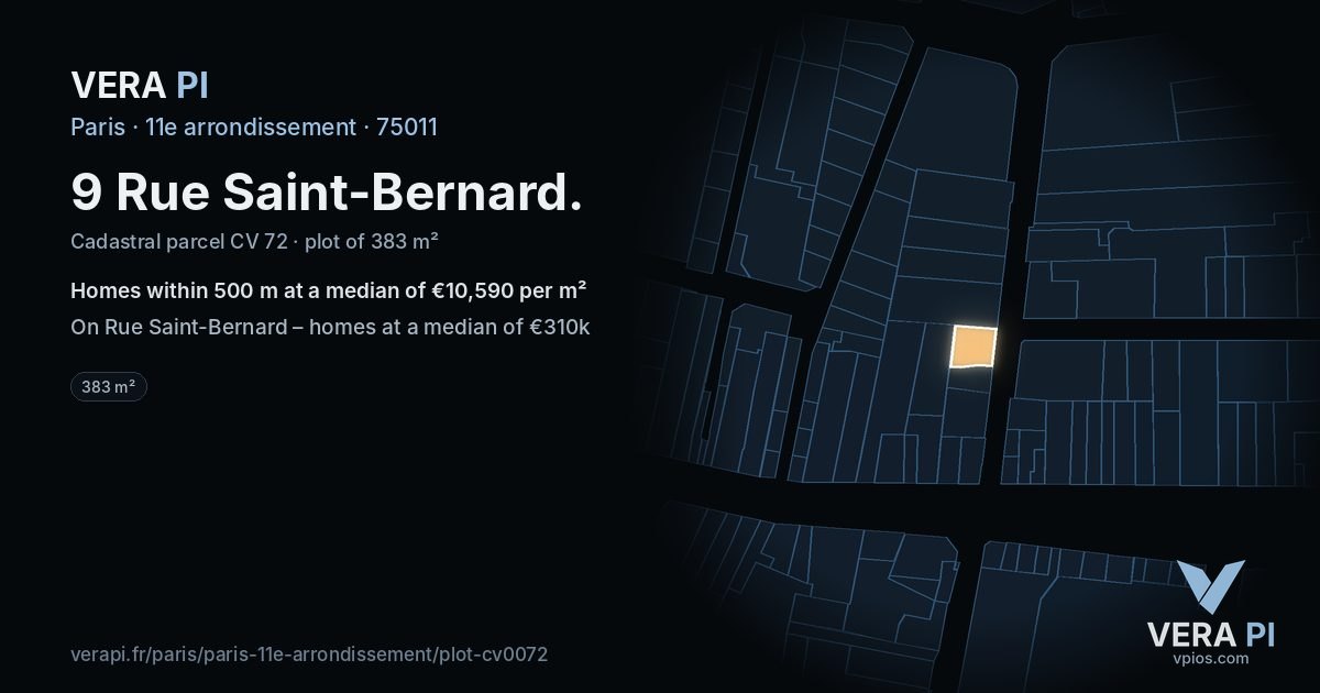 9 Rue Saint-Bernard, 11e arrondissement at night – the plot lit, the parcels around coloured by the prices near them
