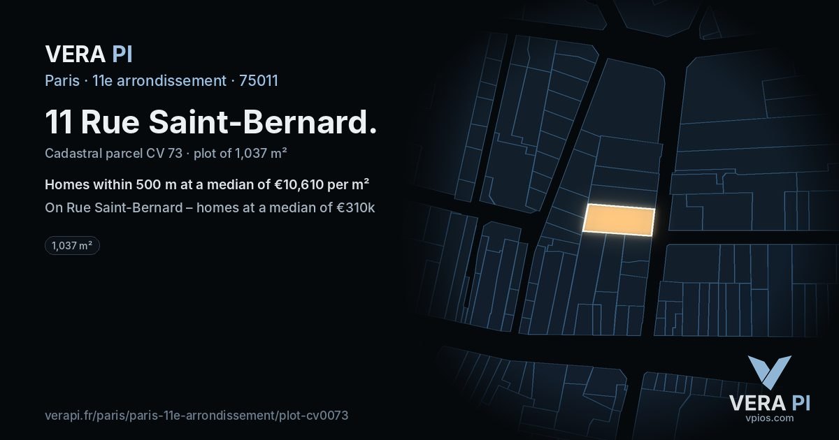 11 Rue Saint-Bernard, 11e arrondissement at night – the plot lit, the parcels around coloured by the prices near them
