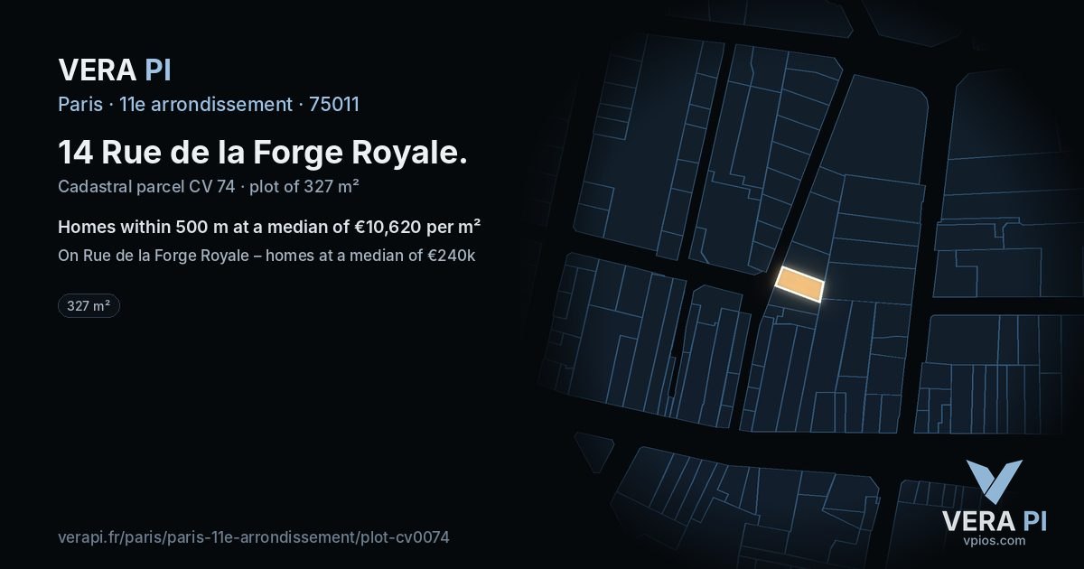 14 Rue de la Forge Royale, 11e arrondissement at night – the plot lit, the parcels around coloured by the prices near them