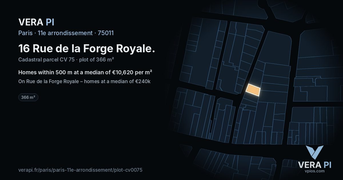 16 Rue de la Forge Royale, 11e arrondissement at night – the plot lit, the parcels around coloured by the prices near them