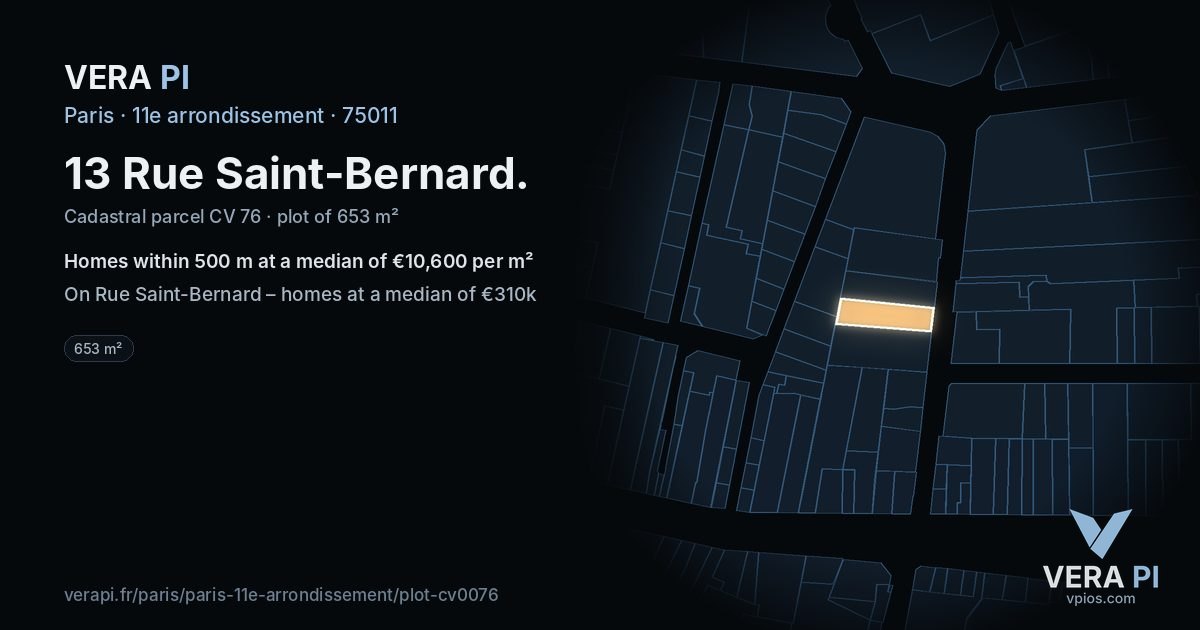 13 Rue Saint-Bernard, 11e arrondissement at night – the plot lit, the parcels around coloured by the prices near them