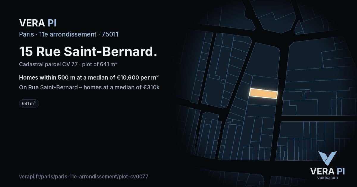15 Rue Saint-Bernard, 11e arrondissement at night – the plot lit, the parcels around coloured by the prices near them