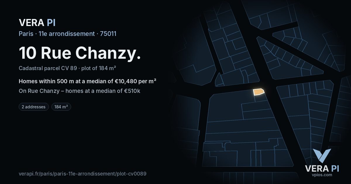 10 Rue Chanzy, 11e arrondissement at night – the plot lit, the parcels around coloured by the prices near them