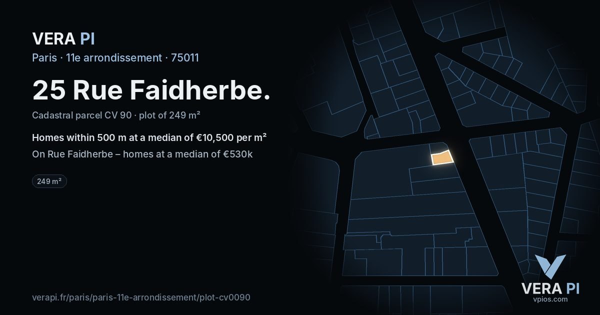 25 Rue Faidherbe, 11e arrondissement at night – the plot lit, the parcels around coloured by the prices near them