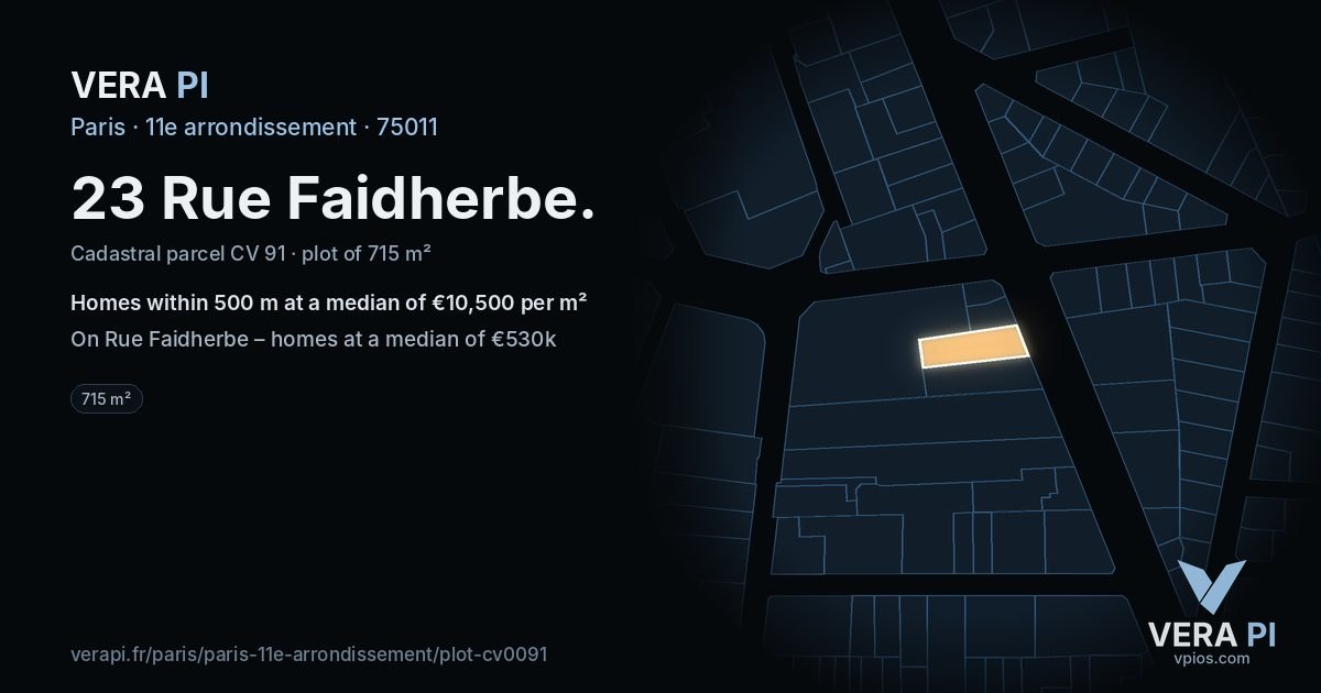 23 Rue Faidherbe, 11e arrondissement at night – the plot lit, the parcels around coloured by the prices near them