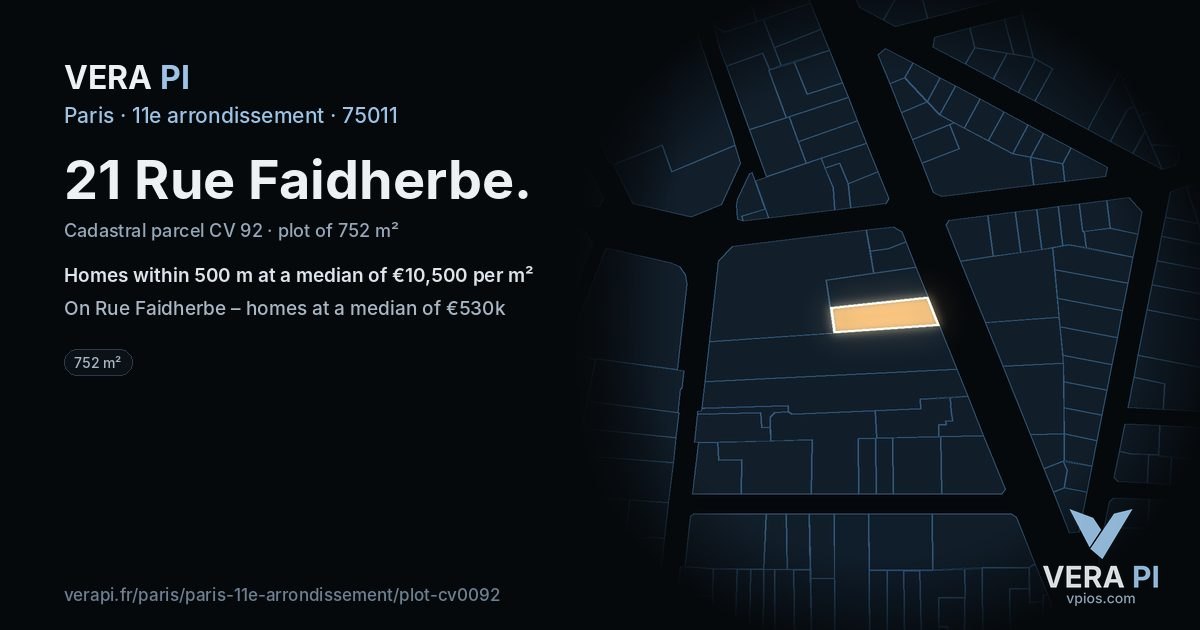 21 Rue Faidherbe, 11e arrondissement at night – the plot lit, the parcels around coloured by the prices near them