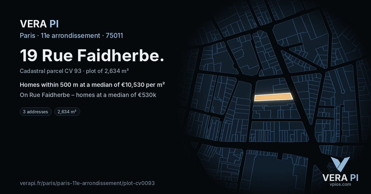19 Rue Faidherbe, 11e arrondissement at night – the plot lit, the parcels around coloured by the prices near them