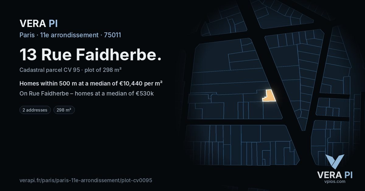 13 Rue Faidherbe, 11e arrondissement at night – the plot lit, the parcels around coloured by the prices near them